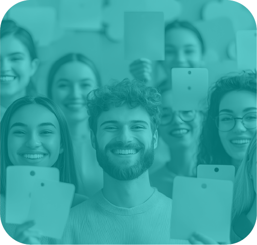 Happy group of young people holding phones — audience engagement concept